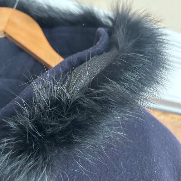 Vintage Eaton’s Utex Wool Cashmere Navy Blue Long Coat Fur Hood Lined Sz 14 - Picture 6 of 7